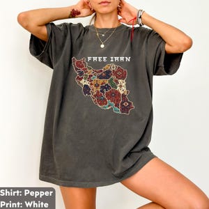 Puede incluir: Camiseta color pimienta con el texto "FREE IRAN" sobre un mapa colorido de Irán. El diseño del mapa incorpora varios patrones y colores, incluyendo rojo, azul y dorado. La camiseta tiene mangas cortas y un corte holgado.