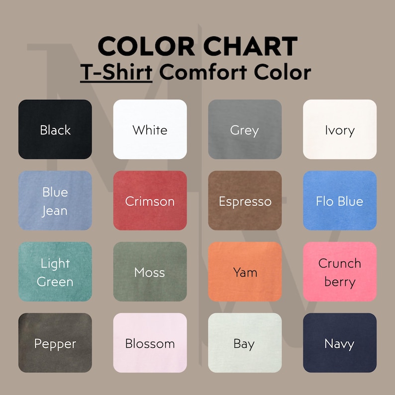 以下が含まれることがあります： Tシャツコンフォートカラーの色見本で、色の見本がグリッド状に並んでいます。色は、黒、白、グレー、アイボリー、ブルージーン、クリムゾン、エスプレッソ、フロブルー、ライトグリーン、モス、ヤム、クランチベリー、ペッパー、ブロッサム、ベイ、ネイビーです。