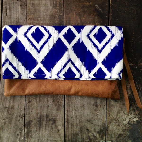 Blue Ikat Fold Over Clutch // OOAK  Boho Chic Recycled Leather Bag