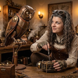 When Metal Feels VI – Silent Understanding | Steampunk Woman & Mechanical Owl | AI Art Print | Photorealistic Fine Art 3:2