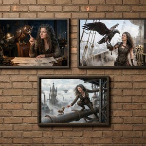 Könnte beinhalten: Drei gerahmte Kunstprints im Steampunk-Stil an einer Backsteinmauer. Der obere linke Druck zeigt eine Frau mit einer Eule, der obere rechte eine Frau mit einem großen Vogel und der untere Druck eine Frau auf einem Rohr mit einem Eichhörnchen.