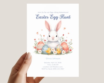 Edytowalny szablon zaproszenia na polowanie na pisanki | Wiosenna impreza z króliczkiem w formacie PDF