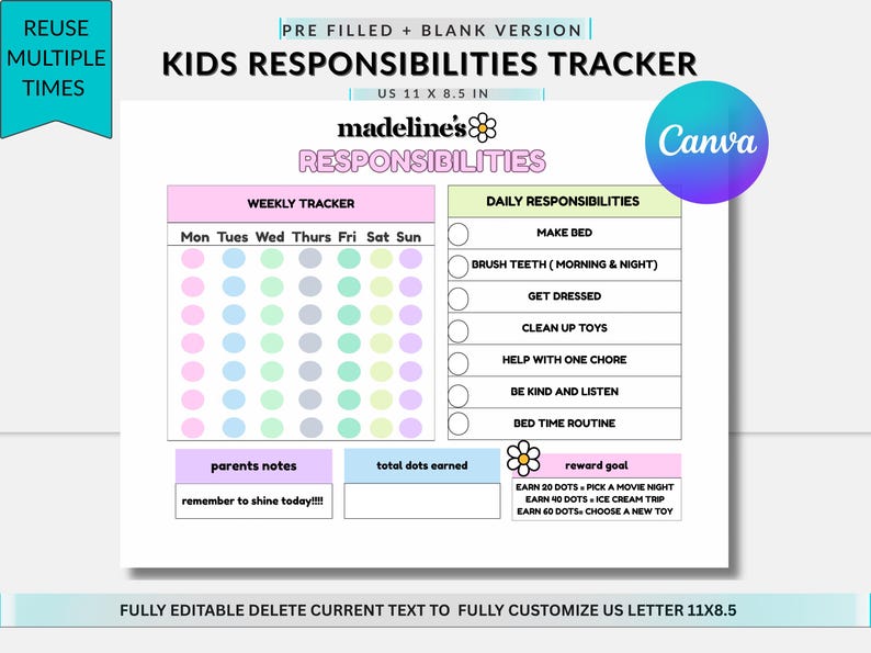 kids responsibility tracker chart editable printable canva template
