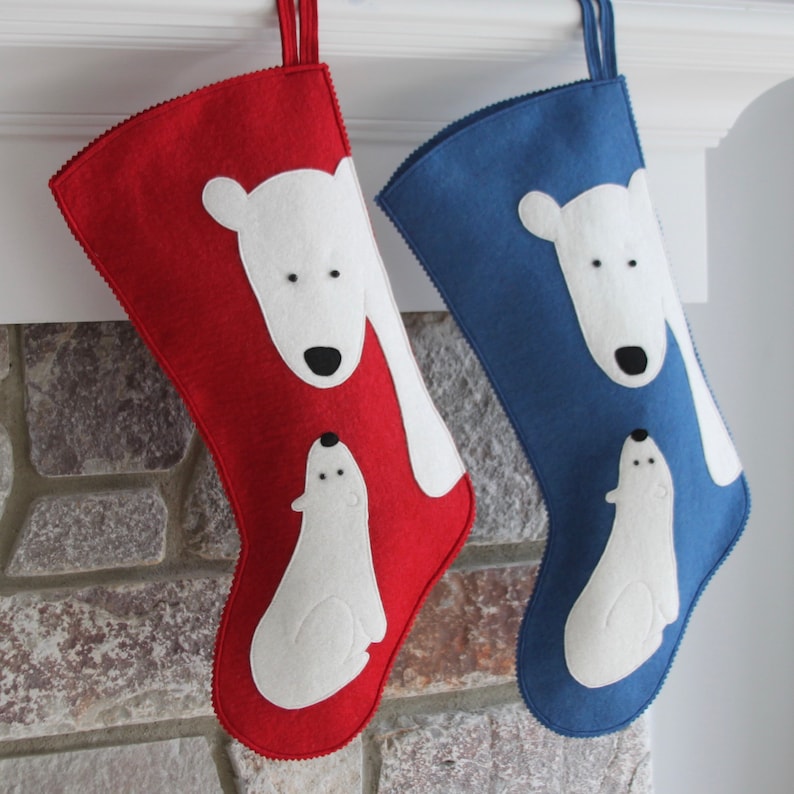 Handmade Wool Felt Christmas Stocking: Celebrate with BLUE ONLY Polar Bears for the Holidays image 3