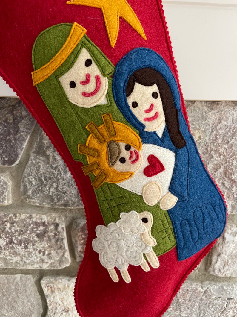 Handmade Wool Felt Christmas Stocking: Celebrate with a Manger Scene Nativity Stocking at the Holidays image 2