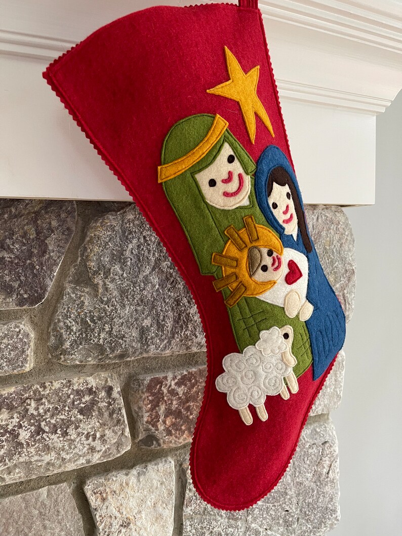 Handmade Wool Felt Christmas Stocking: Celebrate with a Manger Scene Nativity Stocking at the Holidays image 3