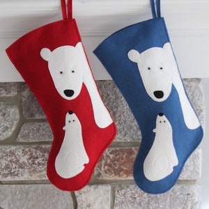 Handmade Wool Felt Christmas Stocking: Celebrate with BLUE ONLY Polar Bears for the Holidays image 2