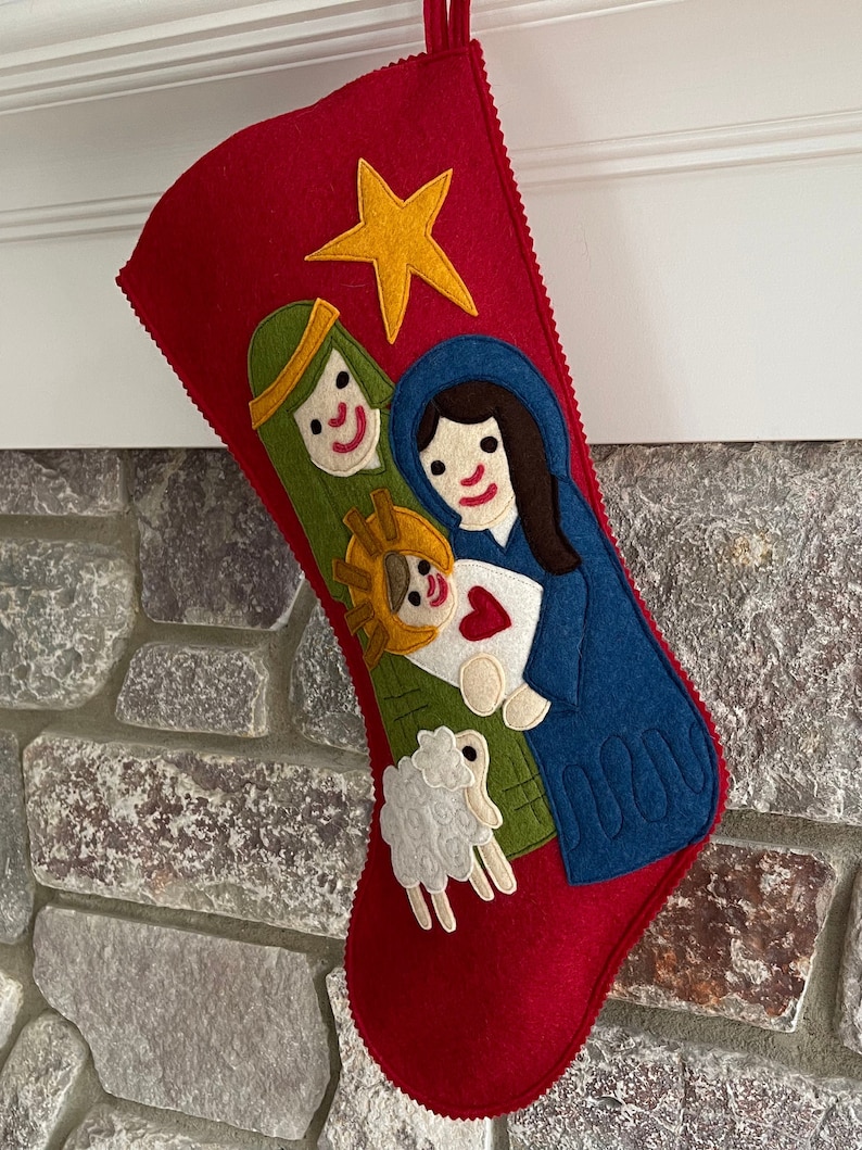 Handmade Wool Felt Christmas Stocking: Celebrate with a Manger Scene Nativity Stocking at the Holidays image 4