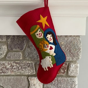 Handmade Wool Felt Christmas Stocking: Celebrate with a Manger Scene Nativity Stocking at the Holidays!