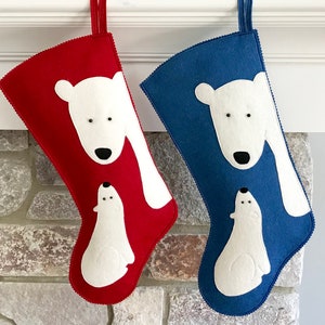 Handmade Wool Felt Christmas Stocking: Celebrate with BLUE ONLY Polar Bears for the Holidays image 1