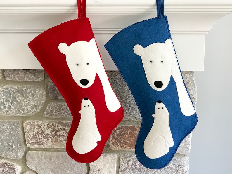 Handmade Wool Felt Christmas Stocking: Celebrate with BLUE ONLY Polar Bears for the Holidays image 1