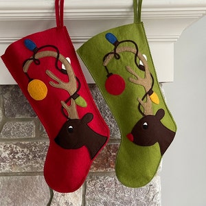 Handmade Wool Felt Personalized Christmas Stocking: Celebrate with Reindeer Lights for the Holidays!
