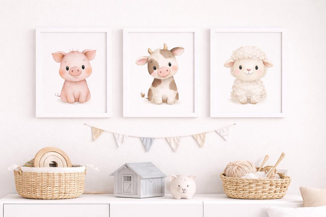 Farm Animals Nursery Wall Art Set of 3 | Pig Cow Sheep Prints | Neutral ...