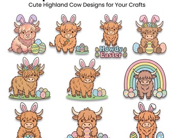 Easter Highland Cow SVG PNG-bundel, konijnenoren met bloemenkop bloemillustratie, cadeau voor kinderen en peuter