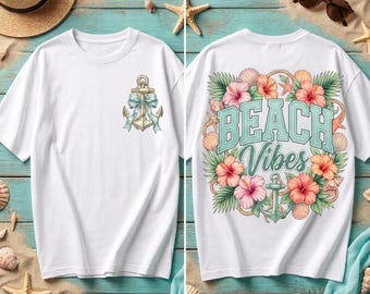 Beach Vibes PNG-bundel voorkant achterkant shirtontwerp, zomerse kust bloemenankerafbeelding, vakantiesublimatieprint
