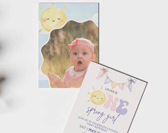 Editable 1st Birthday Invitation Template, Printable Spring Picnic Party Invite, One Sun Watercolor Girl Canva, Digital and Mobile