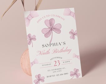 Editable Ninth Birthday Invitation, Pink Clover Watercolor Bows (Digital Download)