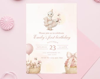 Editable Pink Baby Goose First Birthday Invite, Pink Gingham Watercolor Goose Canva, Minimal Goose Invite, Instant Download