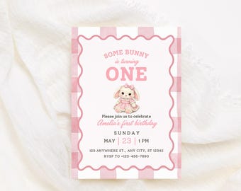 Some Bunny Is Turning One Party Invite, Editable 1st Birthday Invitation Template,  Pink Watercolor Bunny Canva