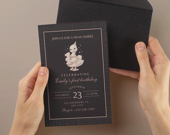Printable First Birthday Invitation Card, Swan Soirée Theme Invite, Elegant Black Pink Baby Swan Editable Canva Template, Instant Download