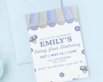 Berry First Birthday Invitation, Blueberry Watercolor 1st Party Invite, Printable Mobile Canva Template