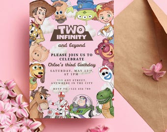 Editable Pink Toy Story Birthday Invite for Girls, Printable Two Infinity and Beyond Invitation Template, Instant Download
