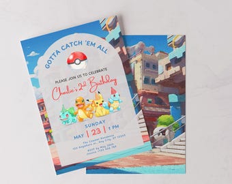 Editable Pokemon Watercolor Party Birthday Invitation Template, Printable 5x7 & Mobile Invite
