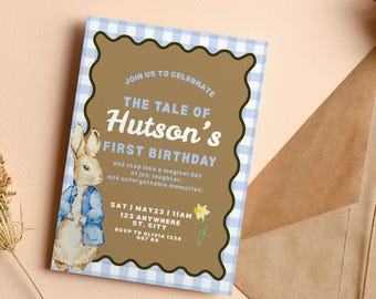 The Tale of First Birthday Invitation, Peter Rabbit Bunny Storybook Party, Printable Mobile Canva