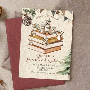 First Chapter 1st Birthday Invitation, Woodland Animals Book Theme Invite, Printable Mobile Canva Template