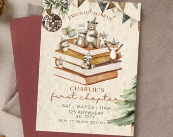 First Chapter 1st Birthday Invitation, Woodland Animals Book Theme Invite, Printable Mobile Canva Template