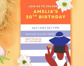 Summer Girl 30th Birthday Invitation, Bikini Cocktail Pool Party Invite, Orange Purple Canva Template