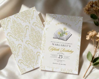 Elegant Chapter 50 Birthday Invitation, Gold Floral Book Theme (Digital Download)