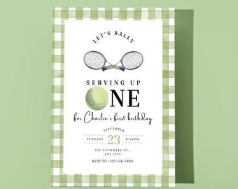 Tennis First Birthday Invitation, Serving Up for One Birthday Party Invite, Let's Rally Birthday Card, Digital Instant Download
