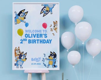 Editable Birthday Welcome Sign Template, Bluey Party Entrance Sign, Kids Birthday Decor Canva Instant Download, Let's Party with Bluey