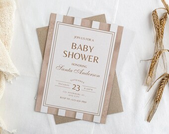 Editable Brown Baby Shower Invitation Canva Template, Classic Stripe Boy Girl Baby Shower Invite, Minimal Elegant Digital Download