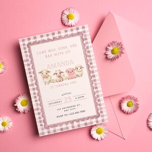 Pink Barnyard Birthday Invitation, Watercolor Farm Animals, Editable (Digital Download)