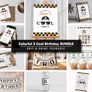 May include: A colorful birthday party bundle with a pixelated design. Includes invitations, a welcome sign, cupcake toppers, and a banner. The theme features a cool character with sunglasses and a hat.