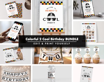 Two Cool Boy Birthday Bundle, Pixel Sunglasses Party Pack, Editable Decorations, Instant Download