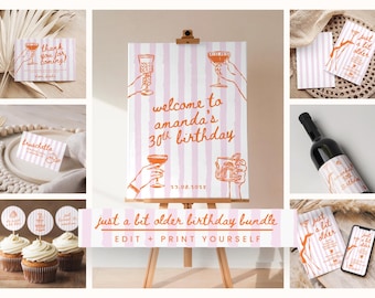 Editable Birthday Party Bundle Templates, Just a Little Older Women Celebration Set, Retro Cocktail Pink and Orange, Instant Canva Download