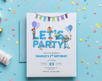 Blue Let’s Party Toy Story Invitation, Editable 2nd Birthday Party Invite, Printable Canva Template, Instant Download