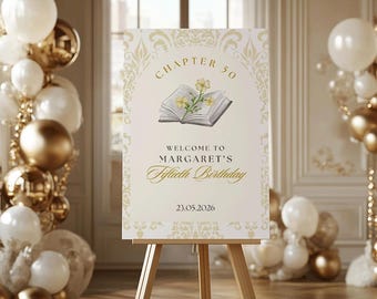 Elegant Chapter 50 Welcome Sign, Gold Floral Book Theme Birthday Poster (Digital Download)