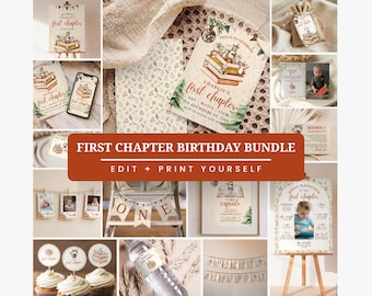 Editable First Birthday Party Bundle Template, First Chapter Book Theme Decor Set, Woodland Forest Watercolor Canva, Instant Download