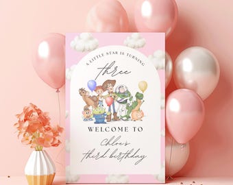 Pink Toy Story Birthday Welcome Sign, Little Star Turning Three Invitation, Editable and Printable Canva Template, Instant Download