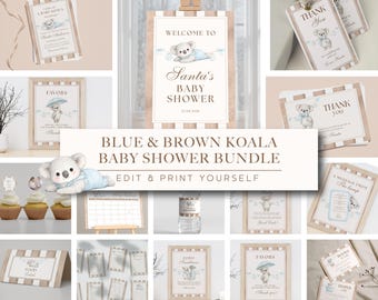 Blue Brown Koala Baby Shower Bundle, Watercolor Invitation Games Decor (Digital Download)