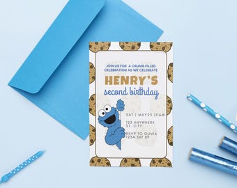 Cookie Monster Birthday Invitation, Watercolor Cookie Party Invite, Printable and Editable Canva Template, Instant Download