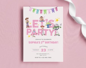 Pink Let’s Party Toy Story Invitation, Editable 2nd Birthday Party Invite, Printable Canva Template, Instant Download