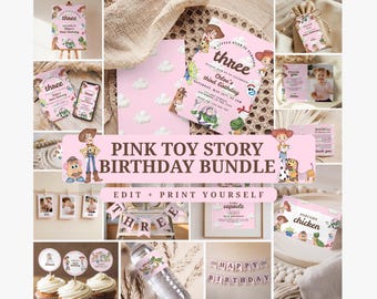 Editable Pink Toy Story Birthday Bundle for Girls, Printable Little Star Turning Three Party Template, Instant Download