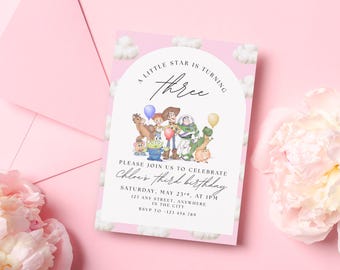 Pink Toy Story Birthday Invite for Girls, Little Star Turning Three Invitation, Editable Canva Template, Instant Download