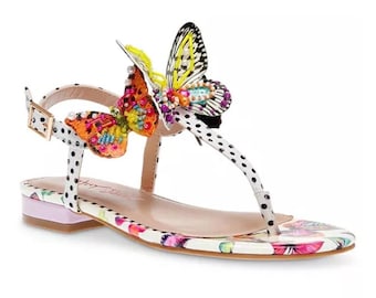 Betsey Johnson Dacie Butterfly T-Strap Sandale Weiß Polka Dot Größe 7.5 Med.Neu