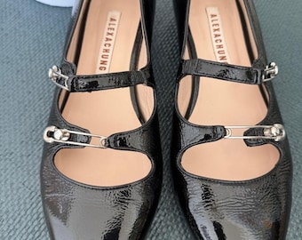 Alexachung Black Patent Mary Jane Flats Bobby Pin Detail Straps Size 39 US 9